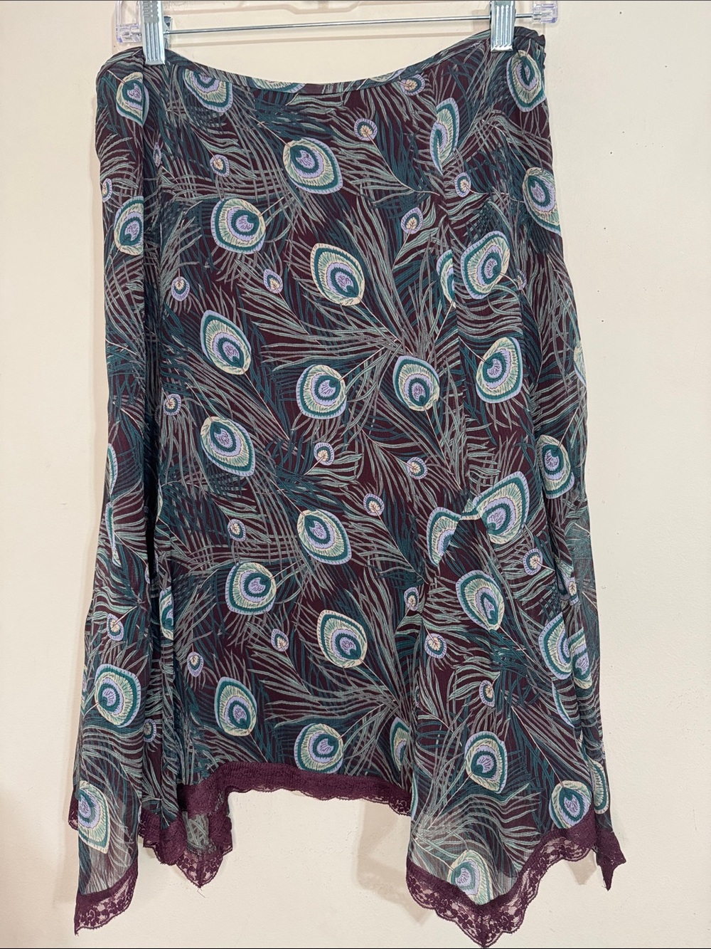 Y2K Whimsigoth Silk Midi Skirt Lace Trim Feather Print size 10 Fairy Grunge Boho